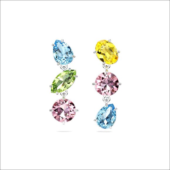 Asymmetrical Drop Earrings Mixed Crystal Cuts Rhodium Finish 1 x 3/8 Inch